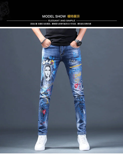 Slim Fit Korean Streetwear Graphical Printed Luxury Hip-Hop Stretch Denim Jeans for Men - Perfect Medium Wash Jeans Outfit